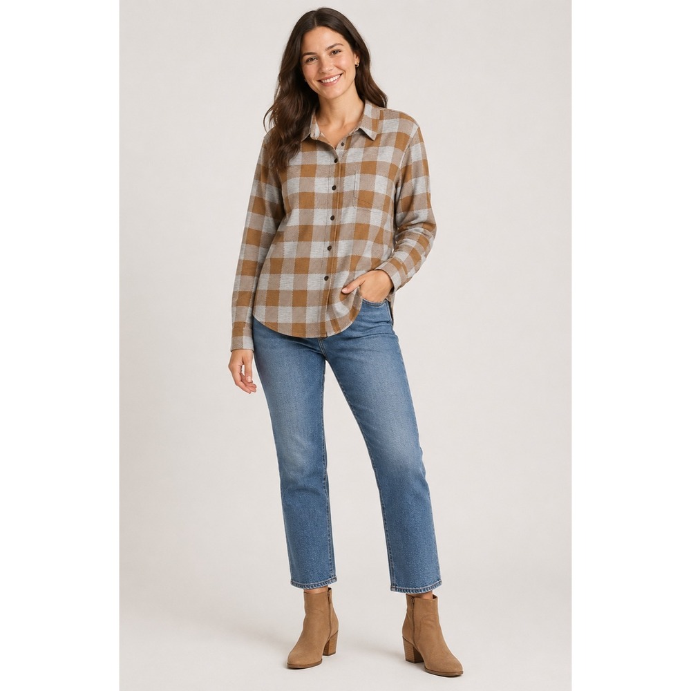Aventura Cozy Fall Flannel Shirt Shacket XL Orange Gray Plaid Recycled Polyester